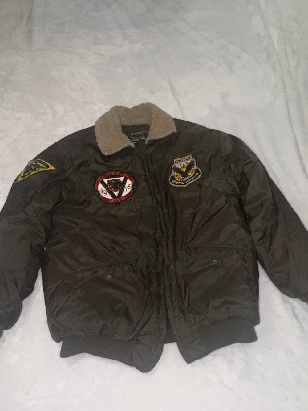 Vintage Avirex Olive Green Bomber Jacket with Sherpa Collar and Patch Details